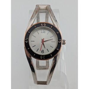 Accutime Womens Watch Silver Tone Bangle Band 27mm Case Black Bezel- New Battery